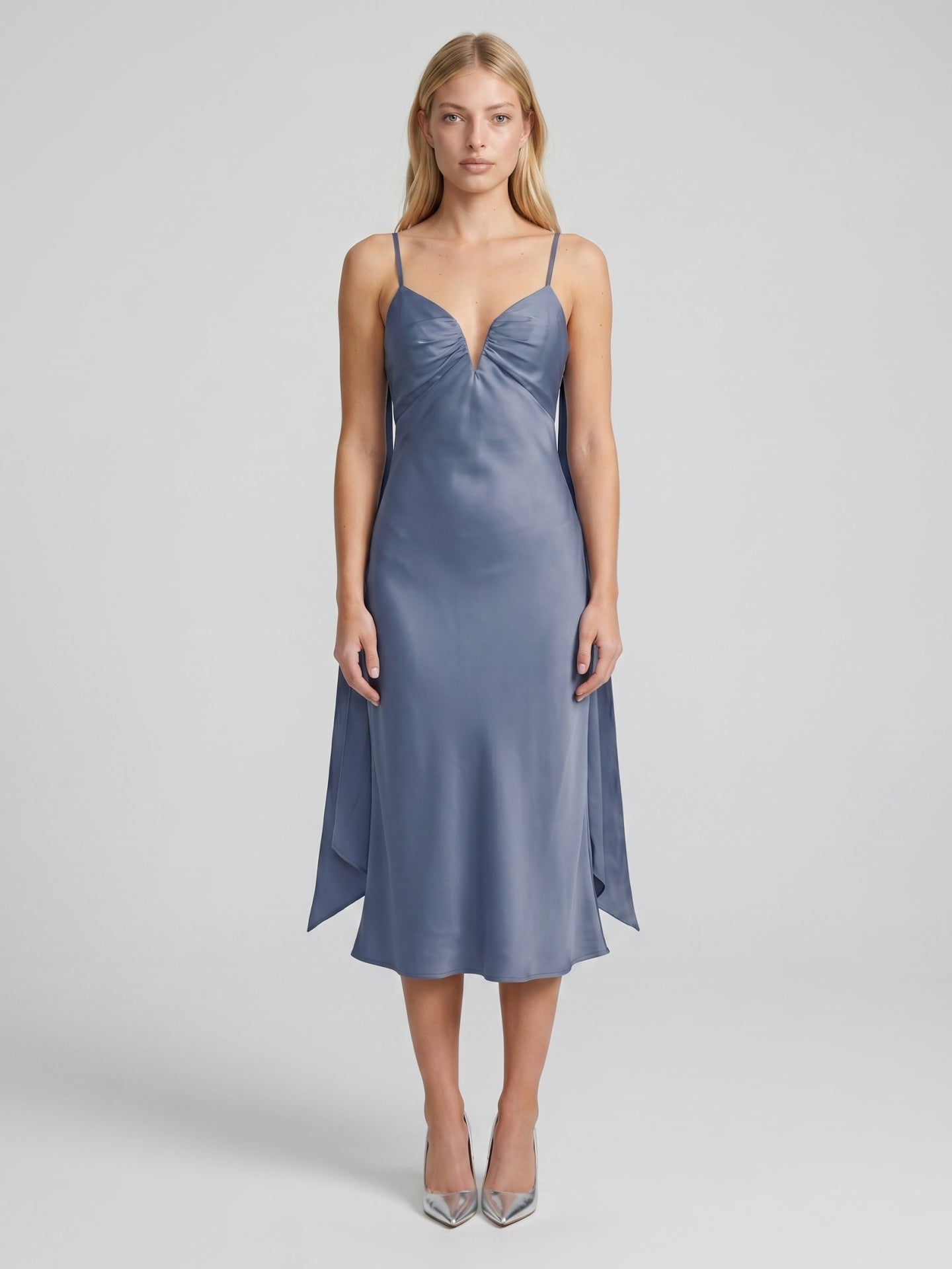 Stormy Matte Satin A-Line V-Neck Back Zip Tea-Length Bridesmaid Dress