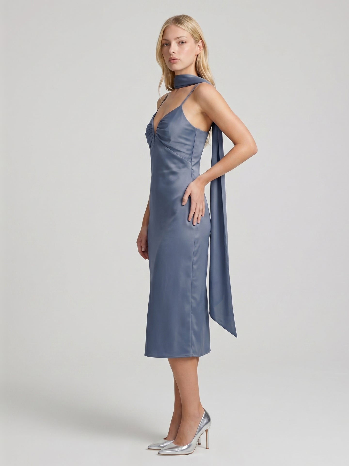 Stormy Matte Satin A-Line V-Neck Back Zip Tea-Length Bridesmaid Dress