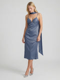 Stormy Matte Satin A-Line V-Neck Back Zip Tea-Length Bridesmaid Dress