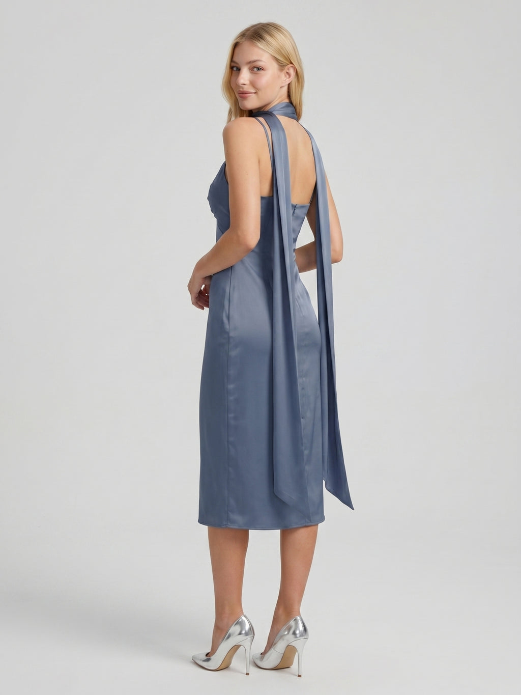 Stormy Matte Satin A-Line V-Neck Back Zip Tea-Length Bridesmaid Dress