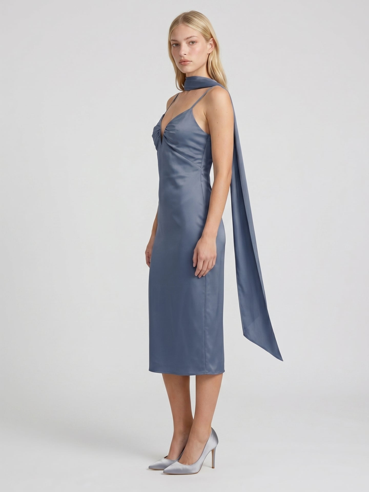 Stormy Matte Satin A-Line V-Neck Back Zip Tea-Length Bridesmaid Dress