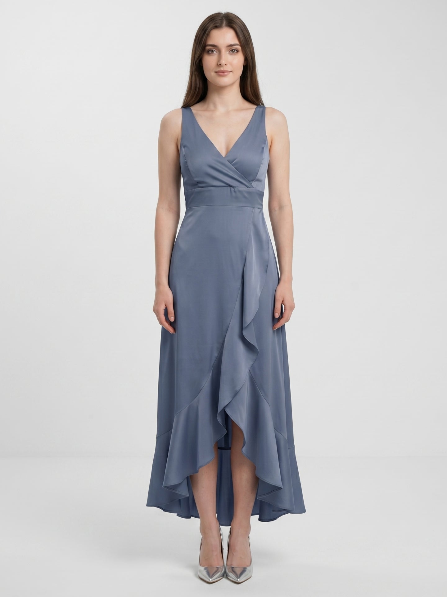 Stormy Matte Satin A-Line V-Neck V-Back Asymmetrical Bridesmaid Dress