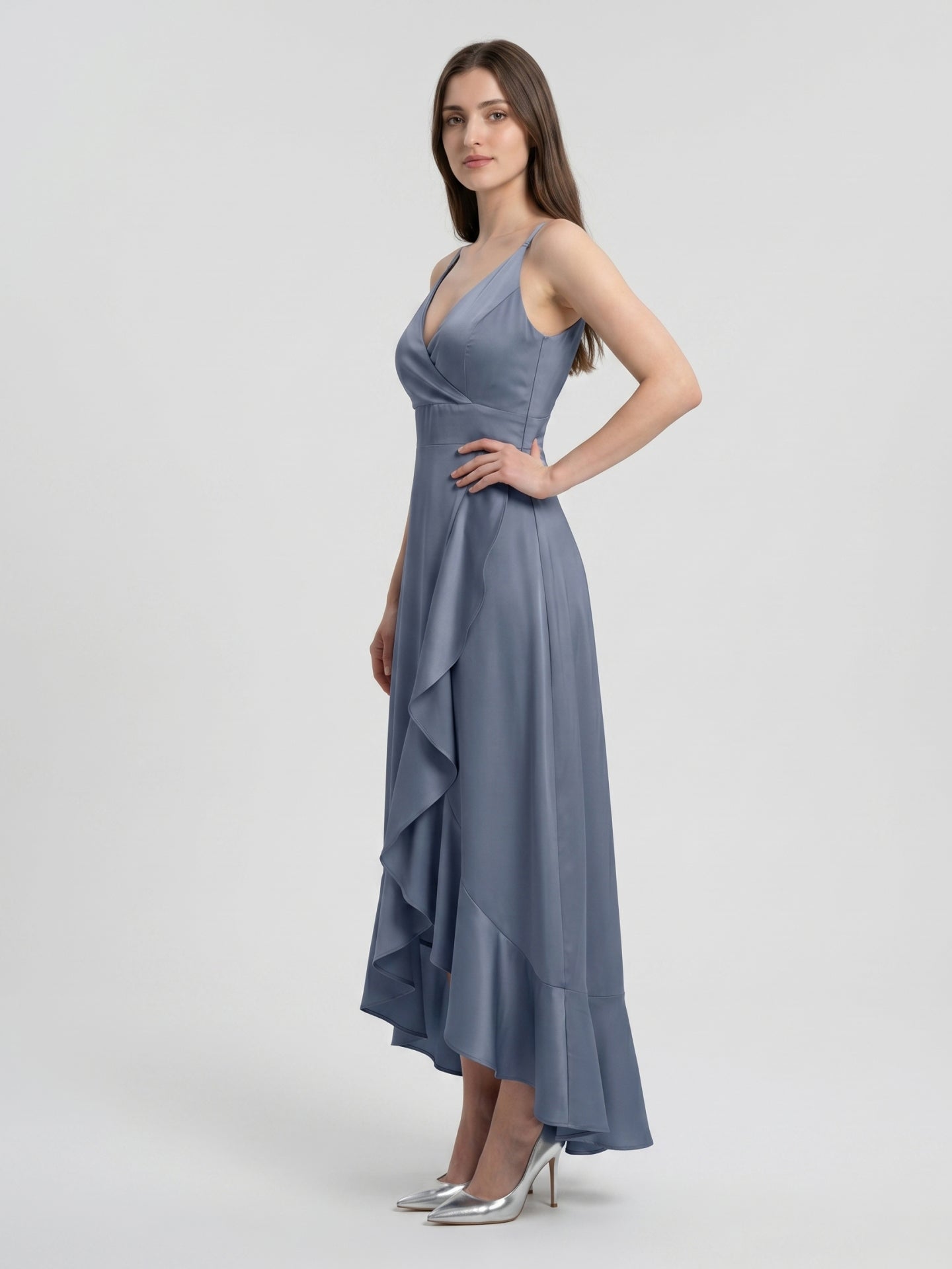 Stormy Matte Satin A-Line V-Neck V-Back Asymmetrical Bridesmaid Dress