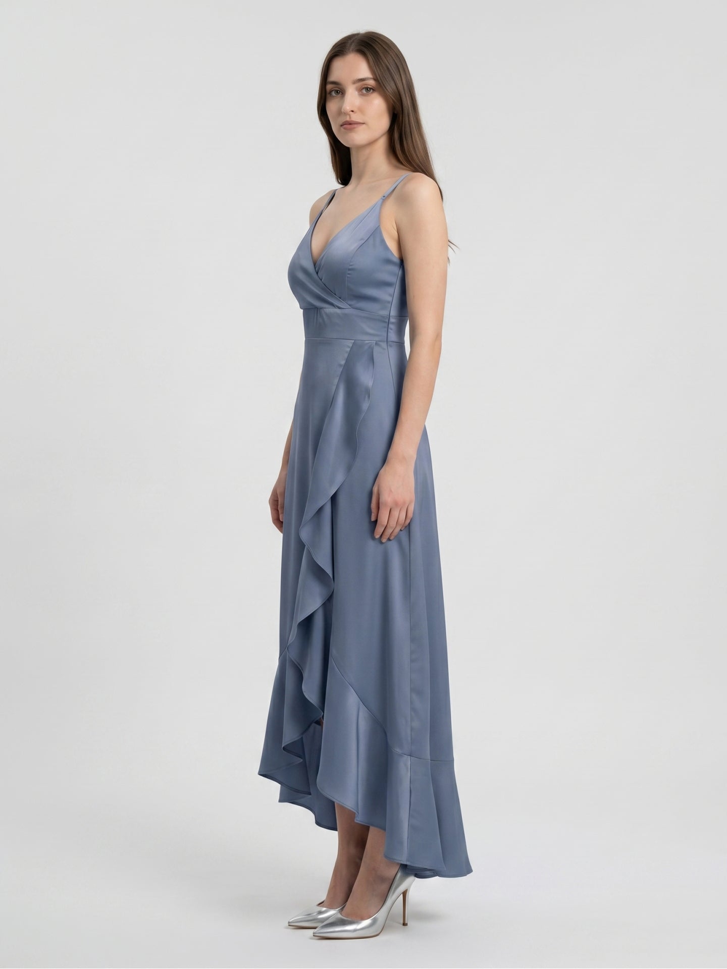 Stormy Matte Satin A-Line V-Neck V-Back Asymmetrical Bridesmaid Dress