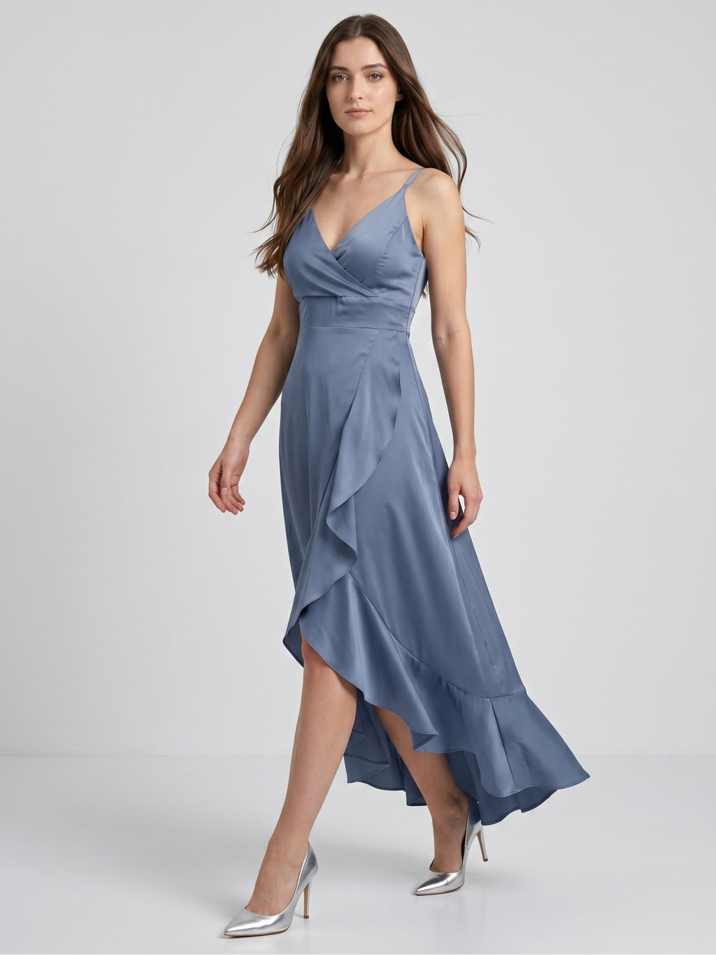 Stormy Matte Satin A-Line V-Neck V-Back Asymmetrical Bridesmaid Dress
