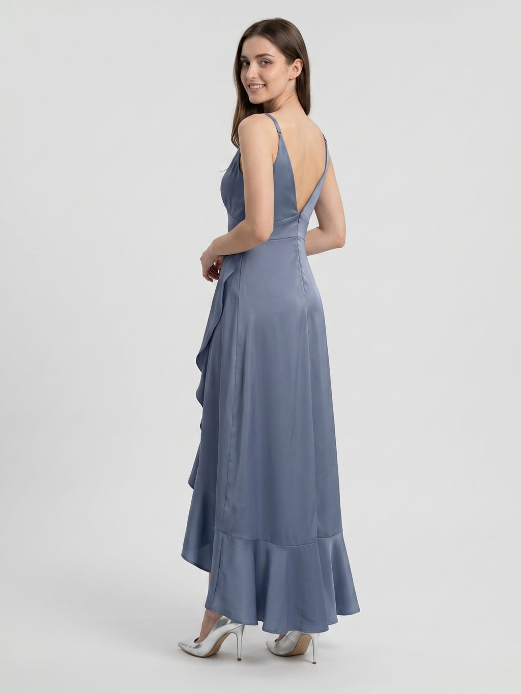 Stormy Matte Satin A-Line V-Neck V-Back Asymmetrical Bridesmaid Dress