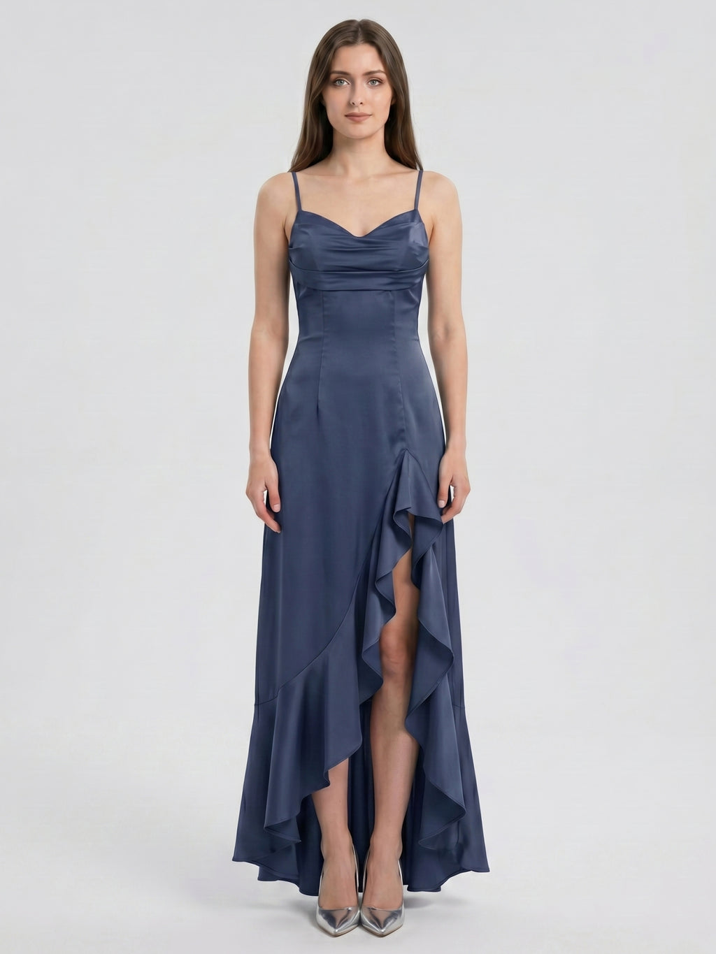 Stormy Matte Satin Mermaid V-Neck Criss-Cross Straps Asymmetrical Bridesmaid Dress