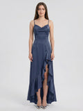 Stormy Matte Satin Mermaid V-Neck Criss-Cross Straps Asymmetrical Bridesmaid Dress