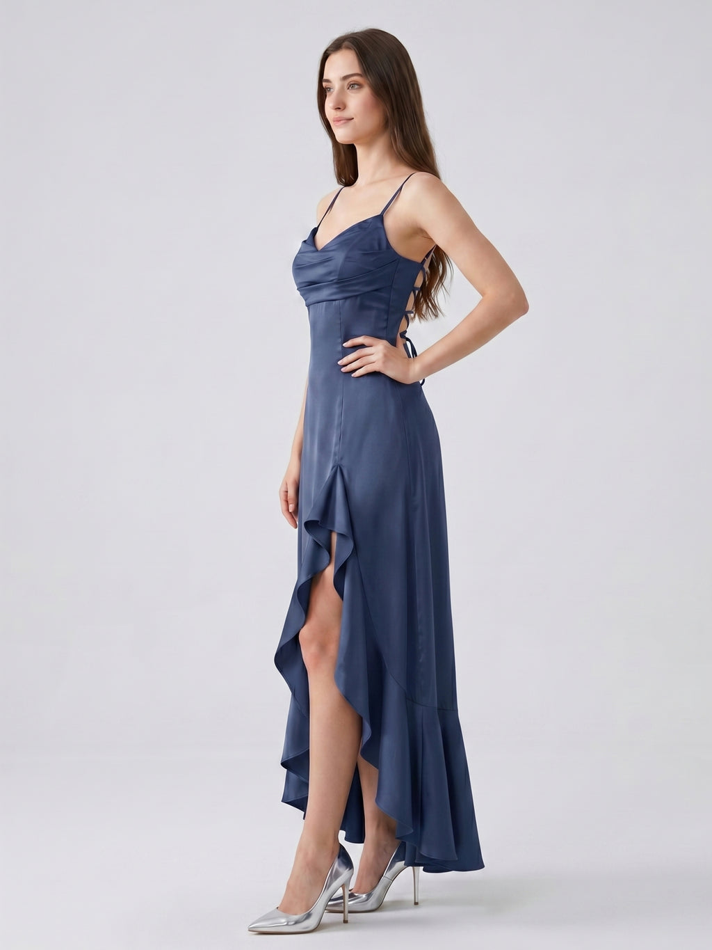 Stormy Matte Satin Mermaid V-Neck Criss-Cross Straps Asymmetrical Bridesmaid Dress