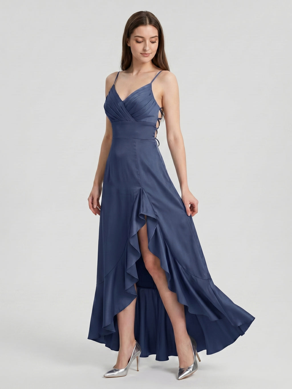 Stormy Matte Satin Mermaid V-Neck Criss-Cross Straps Asymmetrical Bridesmaid Dress