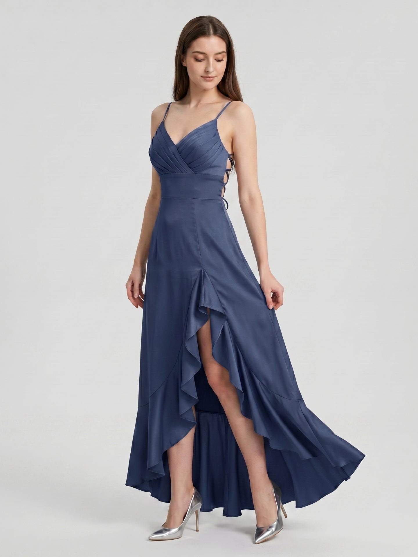 Stormy Matte Satin Mermaid V-Neck Criss-Cross Straps Asymmetrical Bridesmaid Dress
