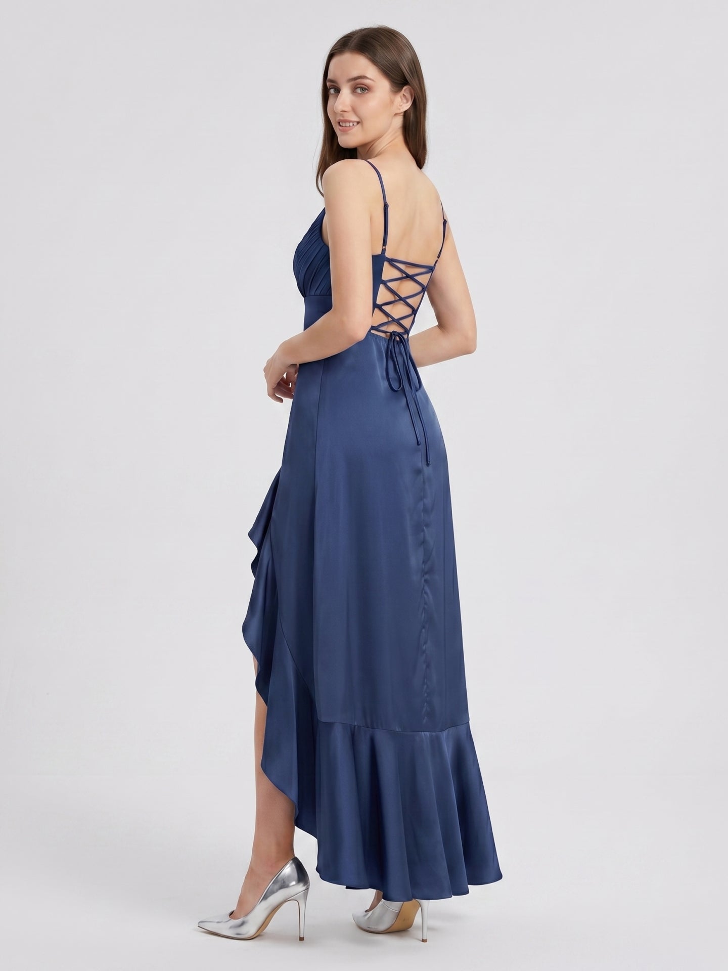 Stormy Matte Satin Mermaid V-Neck Criss-Cross Straps Asymmetrical Bridesmaid Dress