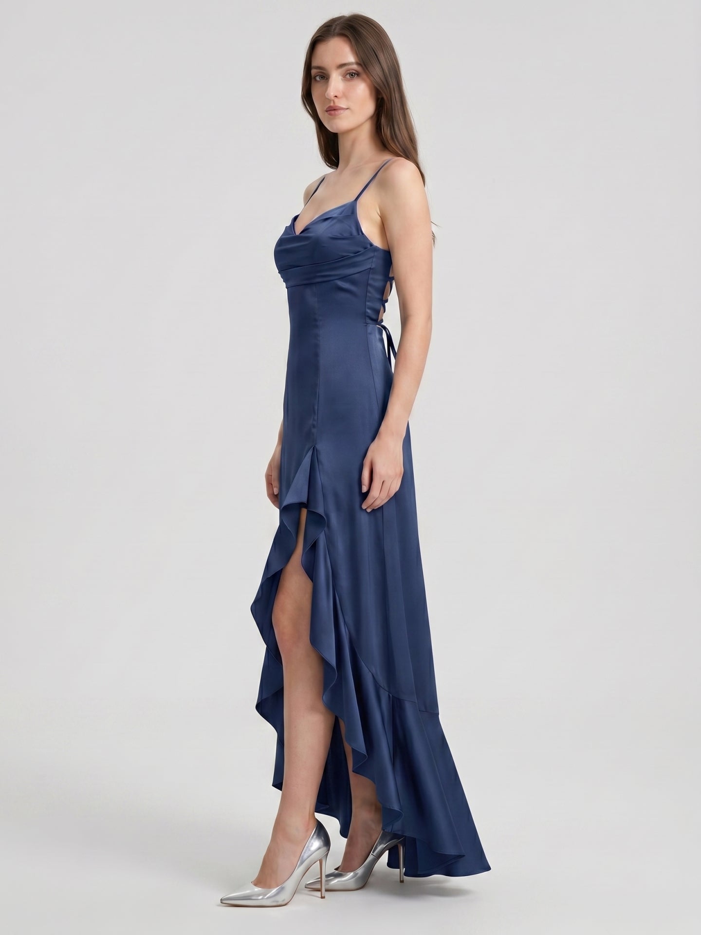 Stormy Matte Satin Mermaid V-Neck Criss-Cross Straps Asymmetrical Bridesmaid Dress
