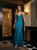 Peacock Blue Matte Satin Mermaid V-Neck V-Back Ankle-Length Prom Dress