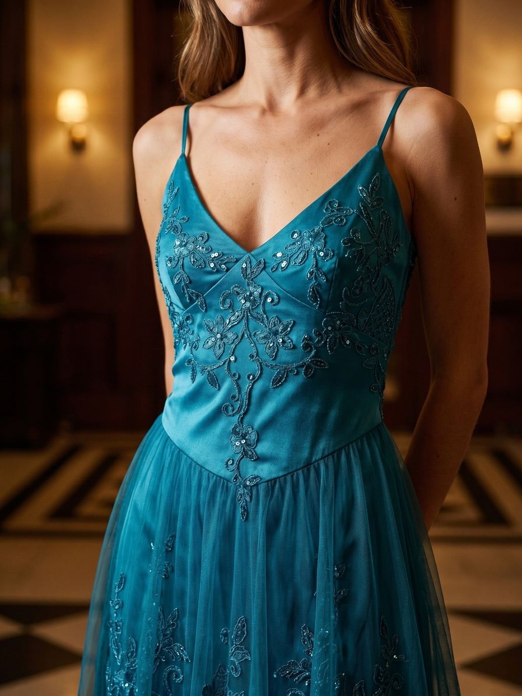 Peacock Blue Matte Satin Mermaid V-Neck V-Back Ankle-Length Prom Dress