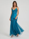 Peacock Blue Matte Satin Mermaid V-Neck V-Back Ankle-Length Prom Dress