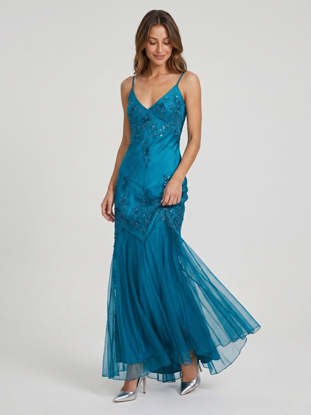 Peacock Blue Matte Satin Mermaid V-Neck V-Back Ankle-Length Prom Dress