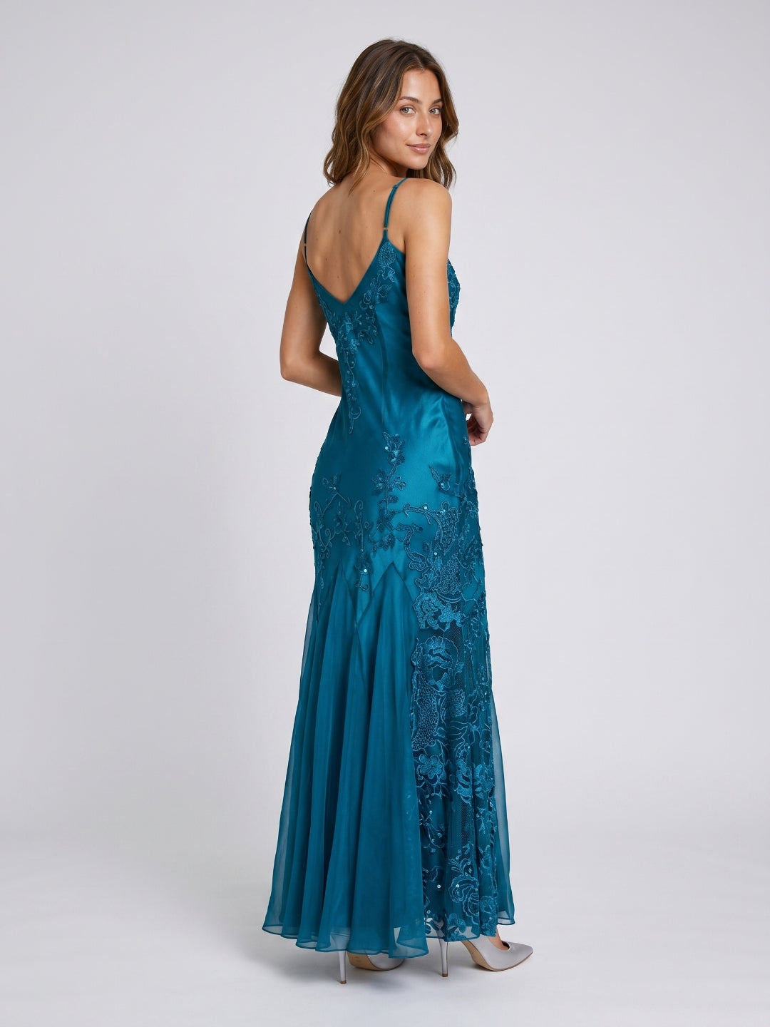 Peacock Blue Matte Satin Mermaid V-Neck V-Back Ankle-Length Prom Dress