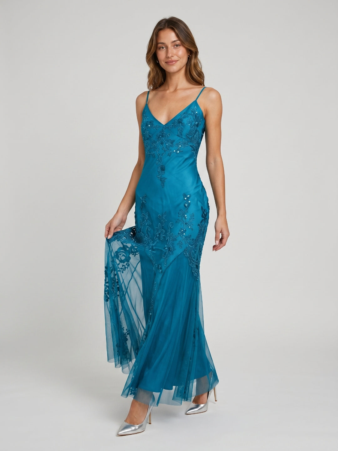 Peacock Blue Matte Satin Mermaid V-Neck V-Back Ankle-Length Prom Dress
