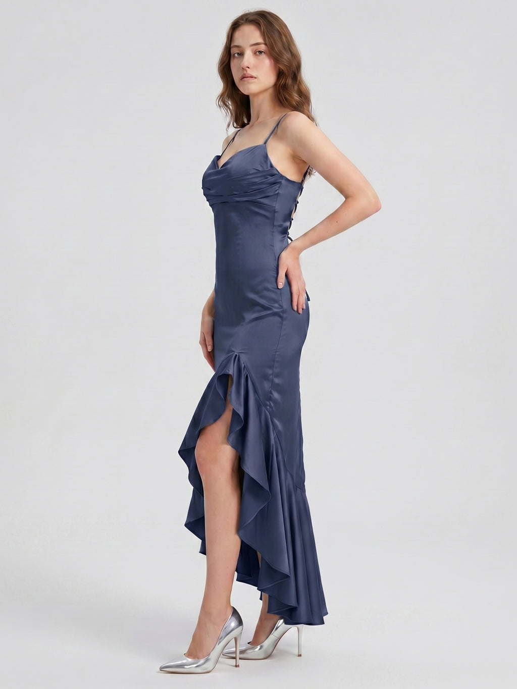 Stormy Matte Satin Sheath V-Neck Lace-up Asymmetrical Bridesmaid Dress