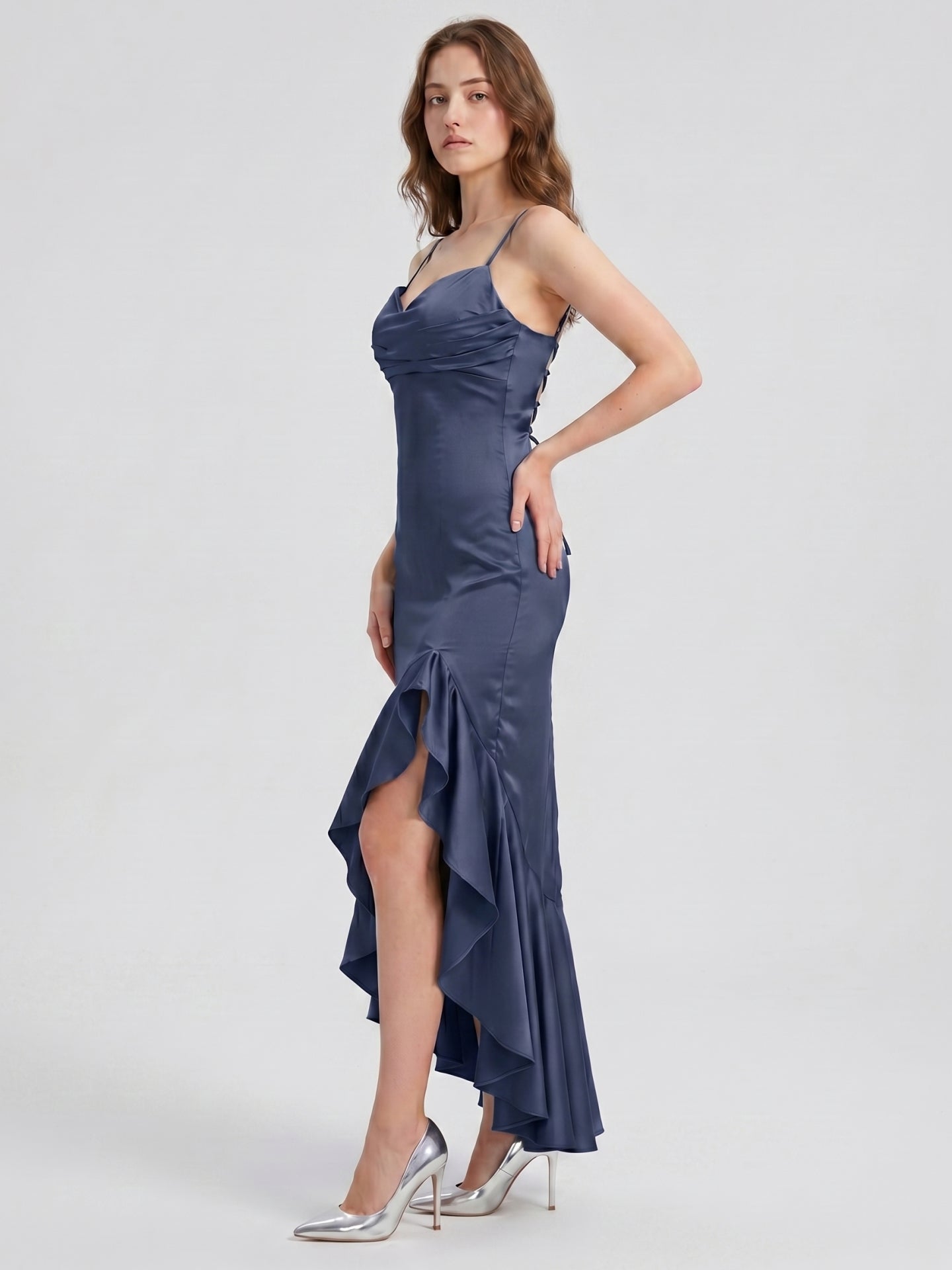 Stormy Matte Satin Sheath V-Neck Lace-up Asymmetrical Bridesmaid Dress