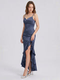 Stormy Matte Satin Sheath V-Neck Lace-up Asymmetrical Bridesmaid Dress
