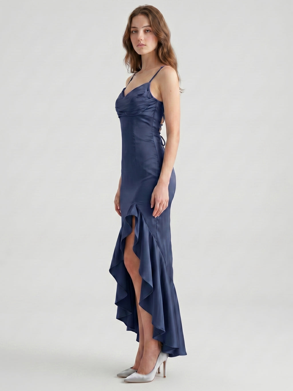 Stormy Matte Satin Sheath V-Neck Lace-up Asymmetrical Bridesmaid Dress