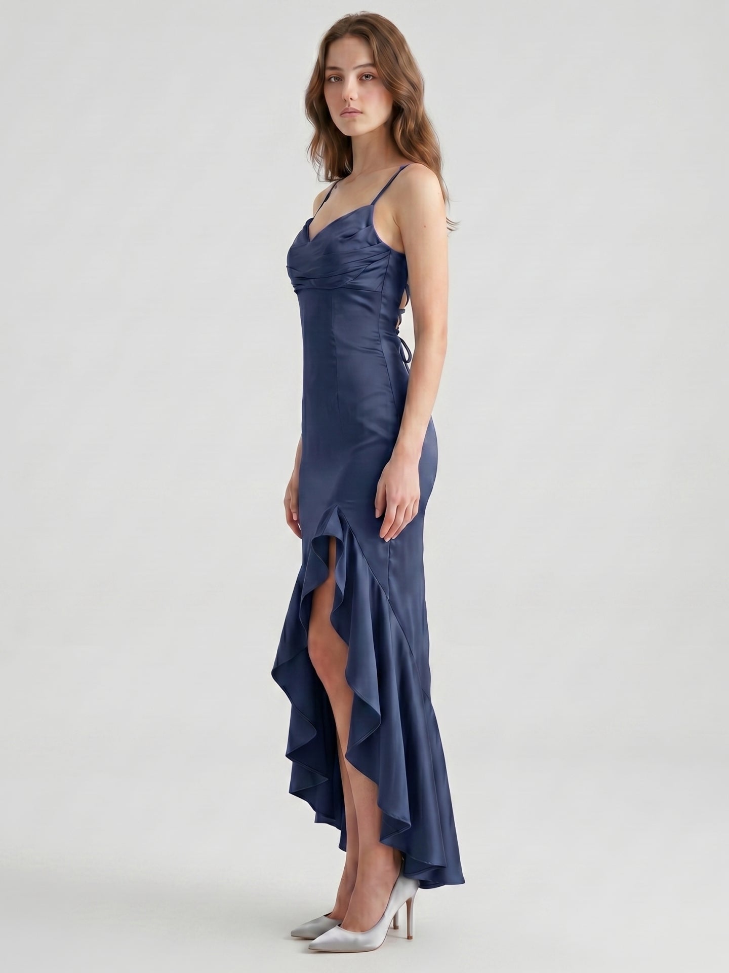 Stormy Matte Satin Sheath V-Neck Lace-up Asymmetrical Bridesmaid Dress