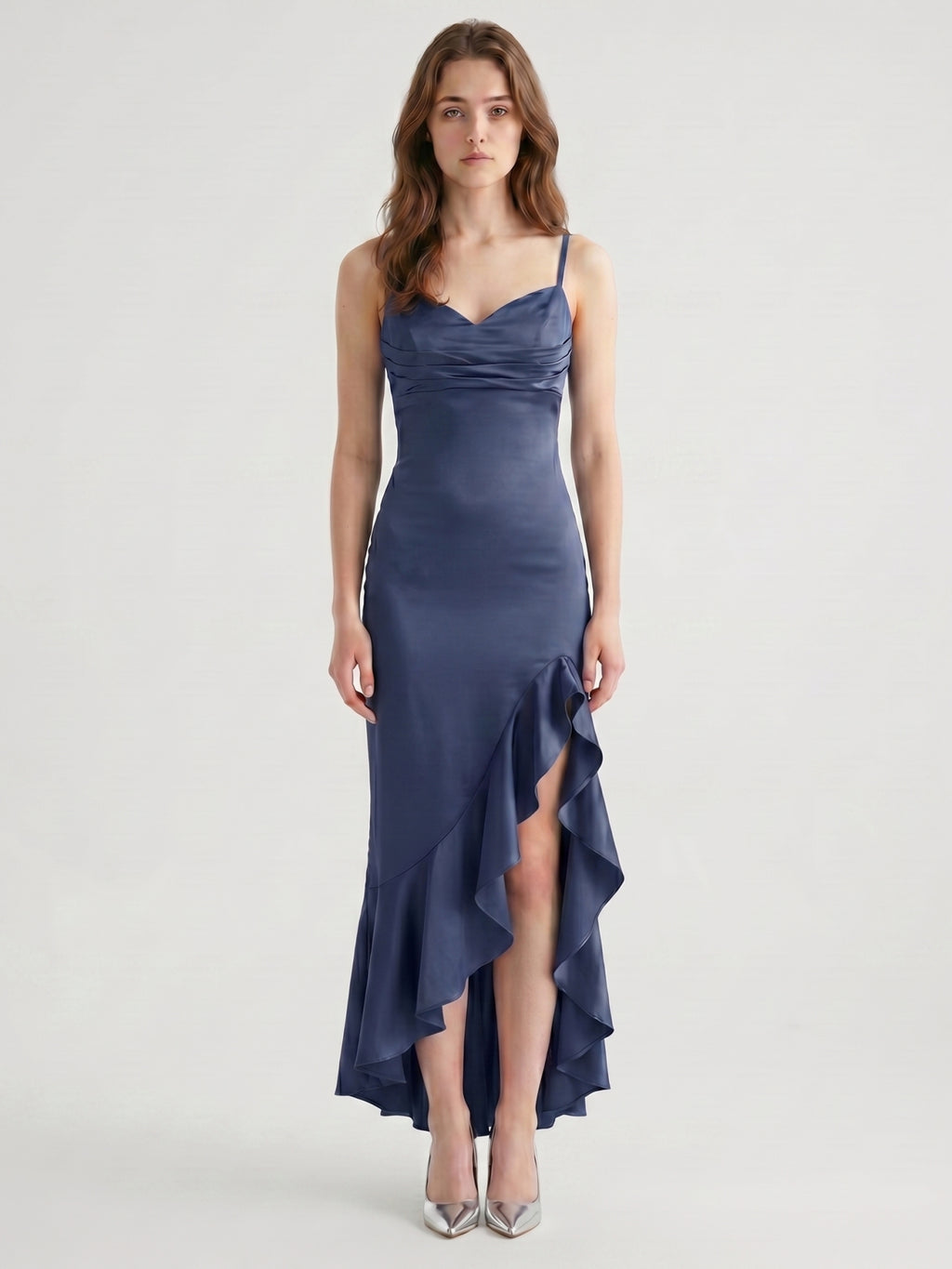 Stormy Matte Satin Sheath V-Neck Lace-up Asymmetrical Bridesmaid Dress