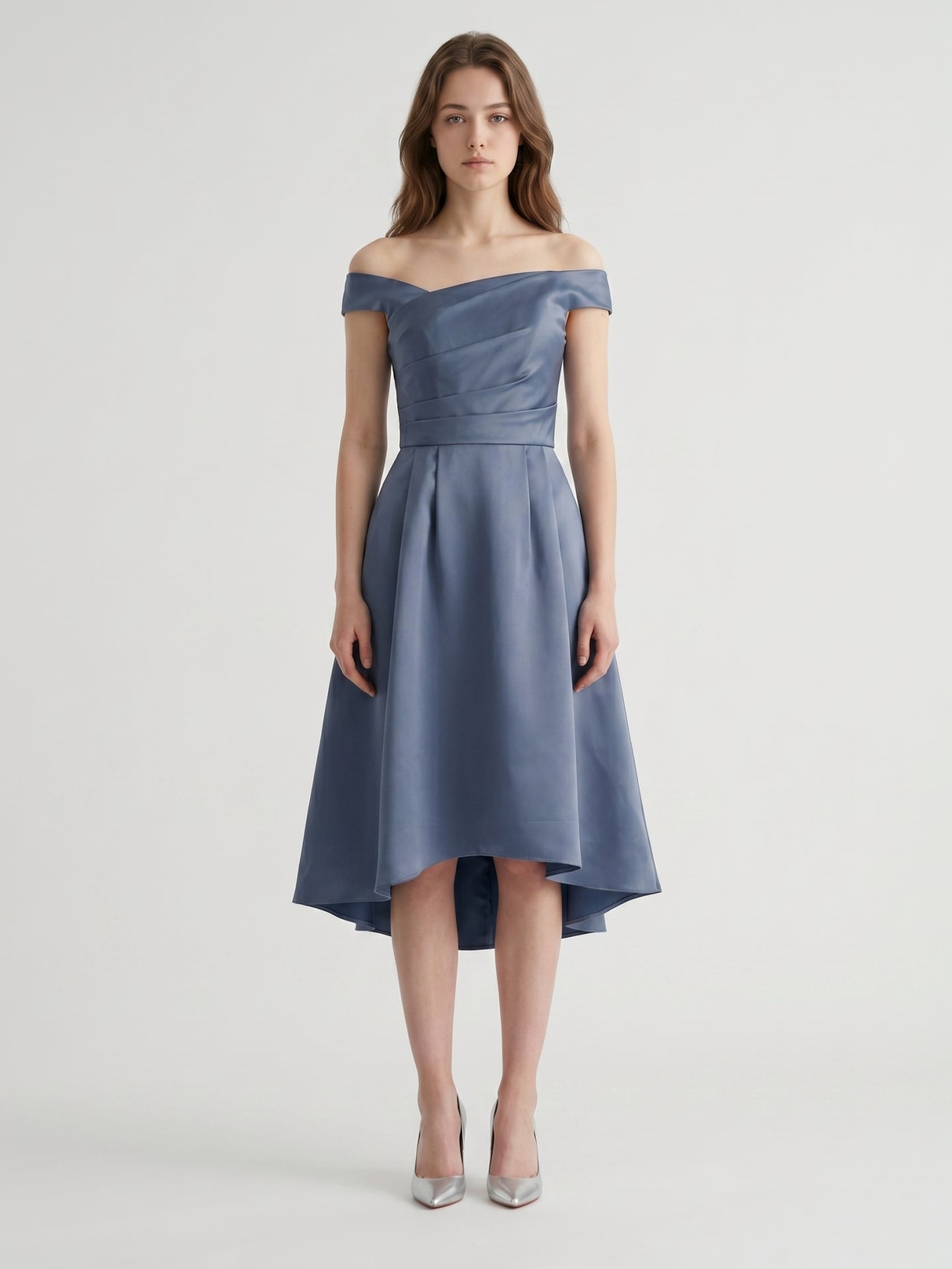 Stormy Satin A-Line Off-the-Shoulder Backless Asymmetrical Bridesmaid Dress