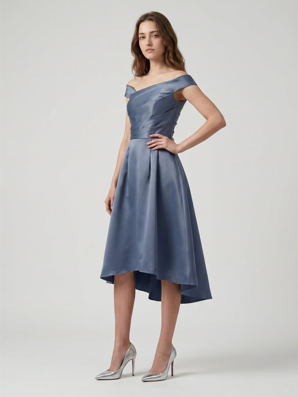 Stormy Satin A-Line Off-the-Shoulder Backless Asymmetrical Bridesmaid Dress