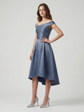 Stormy Satin A-Line Off-the-Shoulder Backless Asymmetrical Bridesmaid Dress