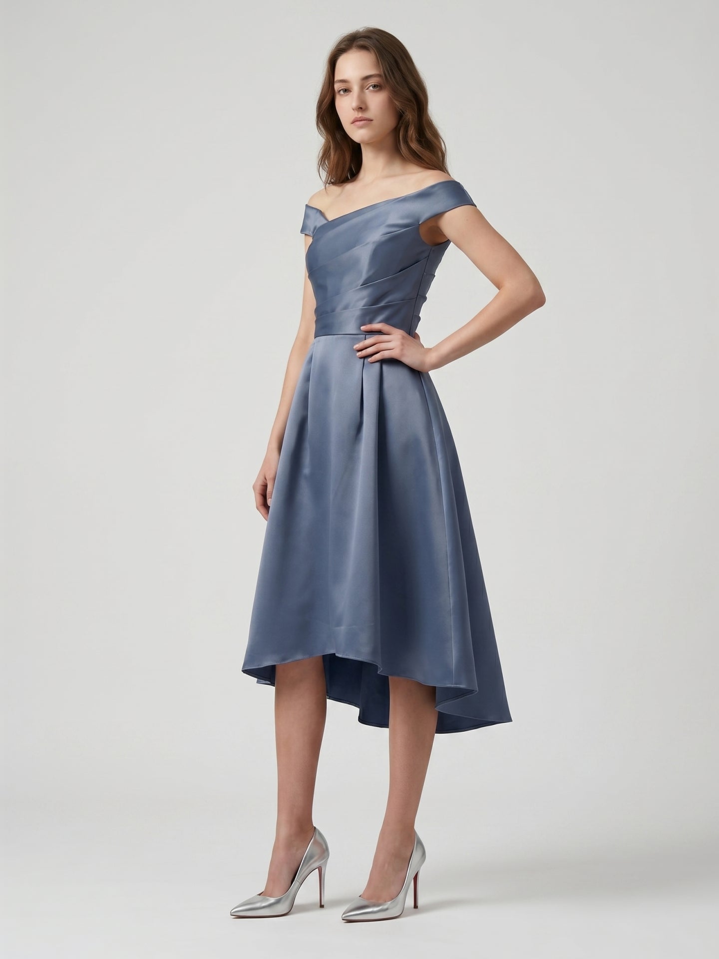 Stormy Satin A-Line Off-the-Shoulder Backless Asymmetrical Bridesmaid Dress