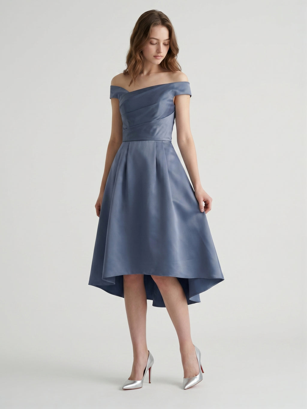 Stormy Satin A-Line Off-the-Shoulder Backless Asymmetrical Bridesmaid Dress