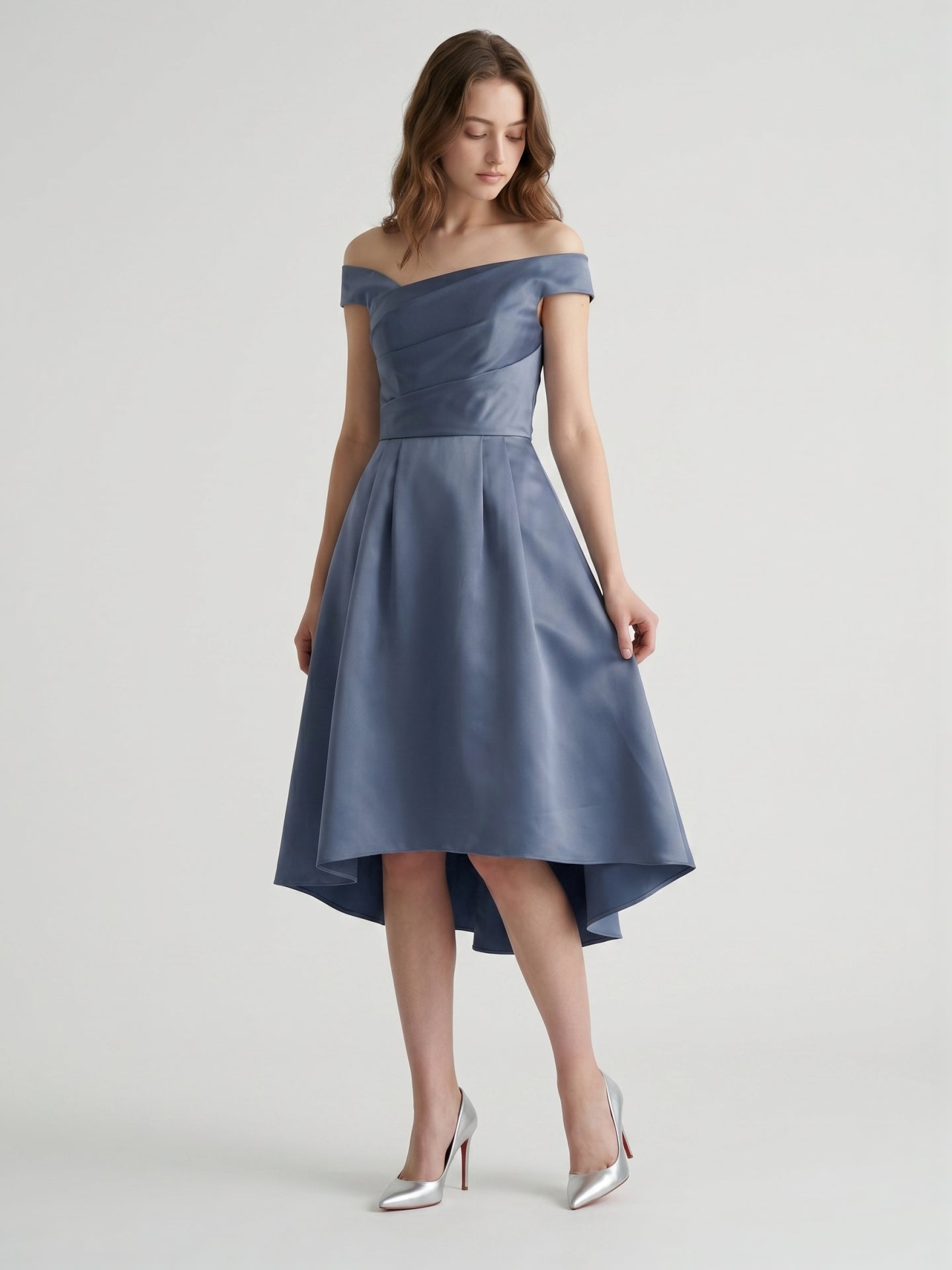 Stormy Satin A-Line Off-the-Shoulder Backless Asymmetrical Bridesmaid Dress