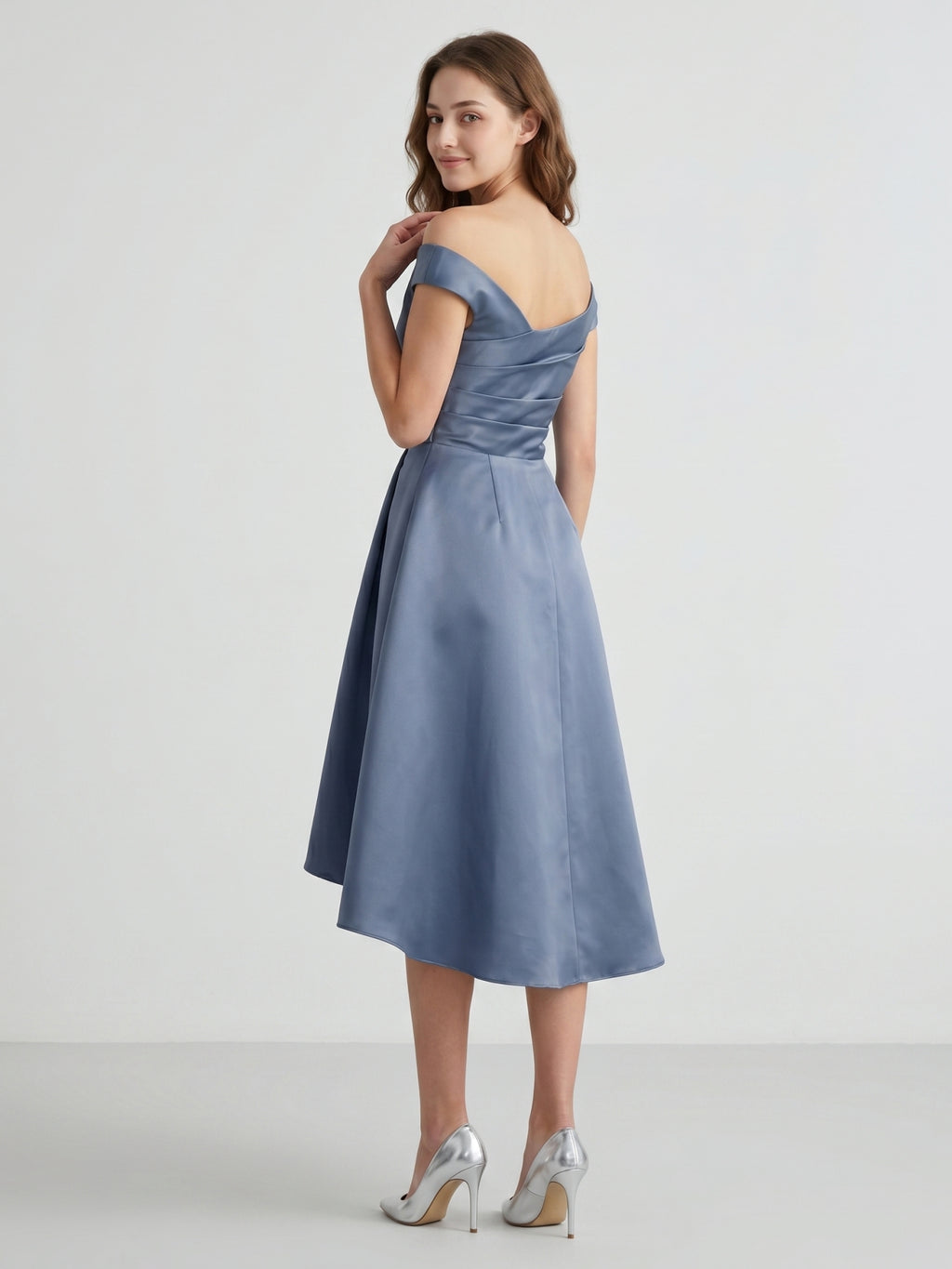 Stormy Satin A-Line Off-the-Shoulder Backless Asymmetrical Bridesmaid Dress