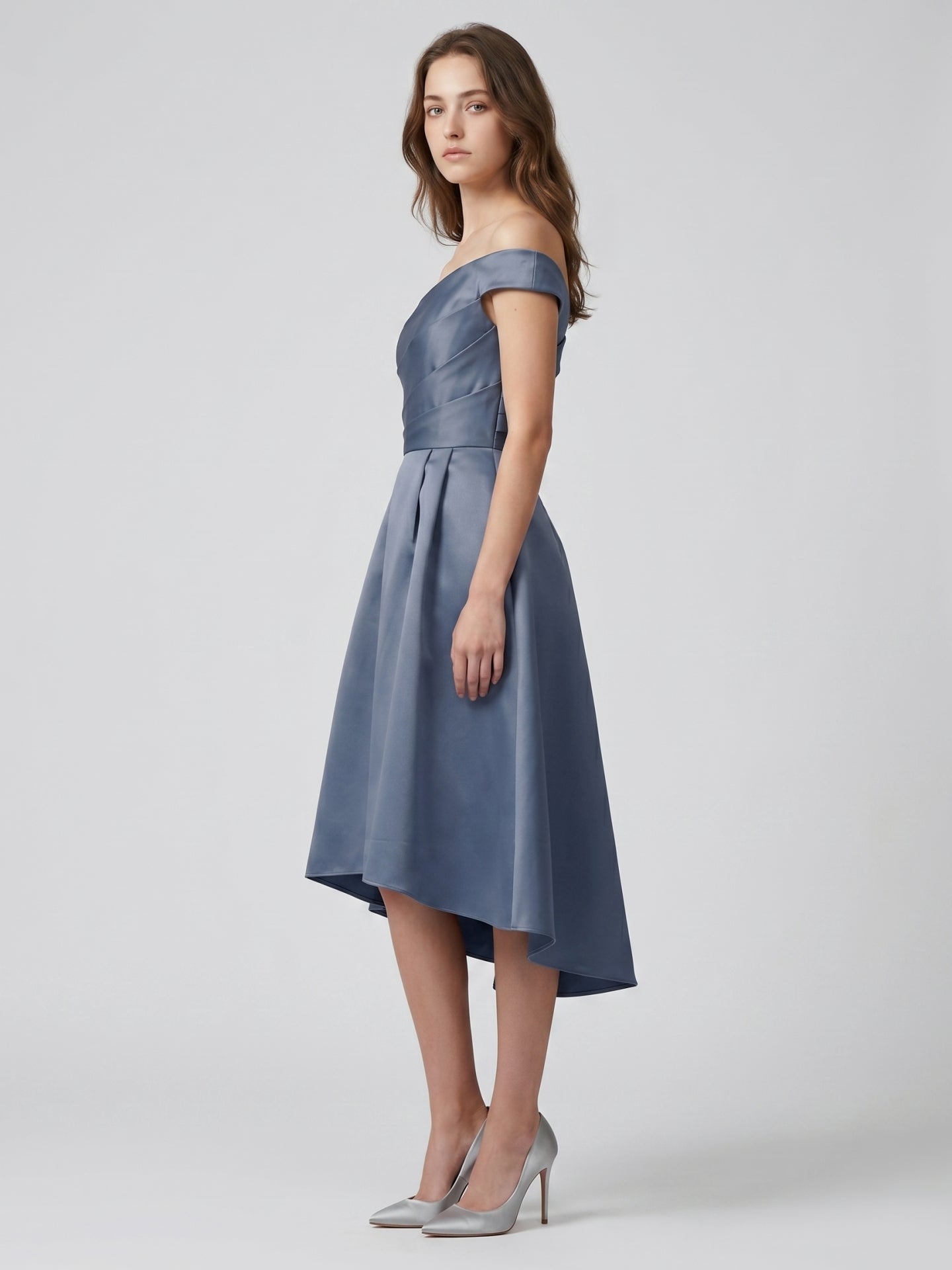Stormy Satin A-Line Off-the-Shoulder Backless Asymmetrical Bridesmaid Dress