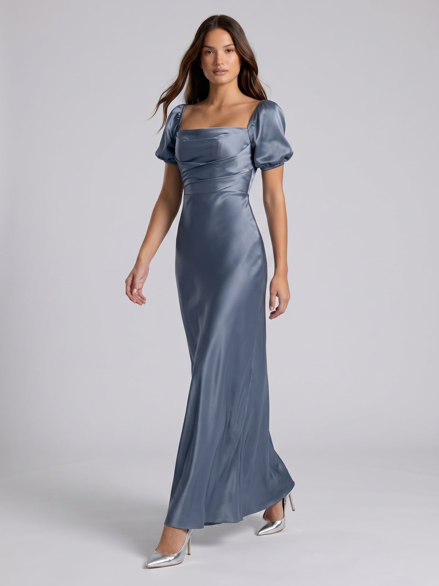Stormy Satin A-Line Square Neck Back Zip Floor-Length Bridesmaid Dress
