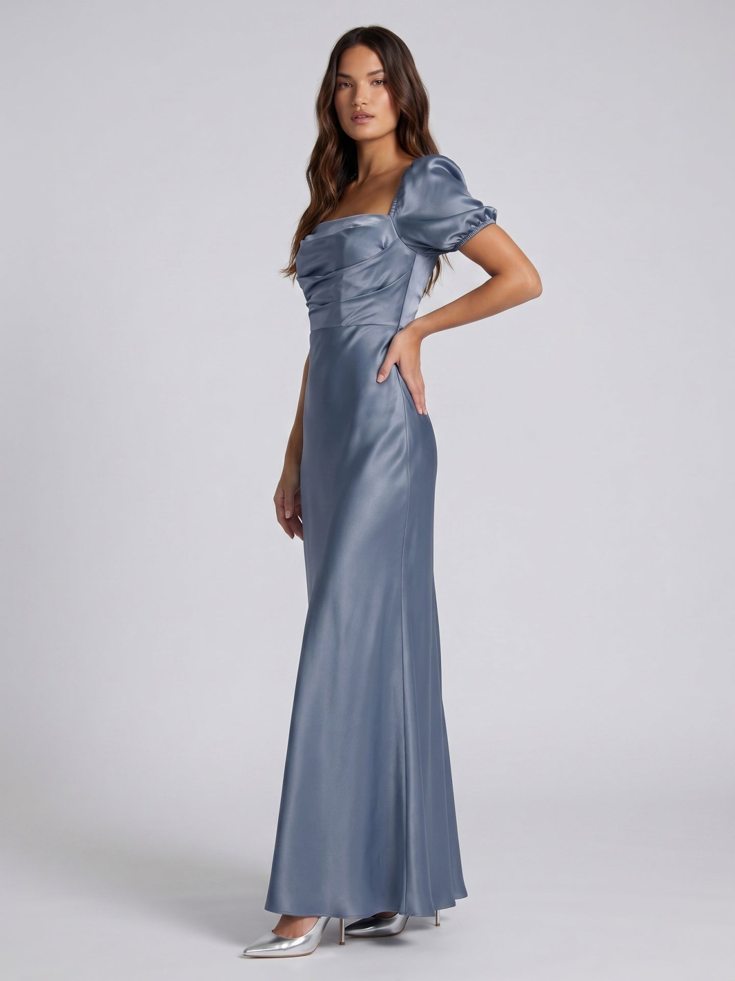 Stormy Satin A-Line Square Neck Back Zip Floor-Length Bridesmaid Dress