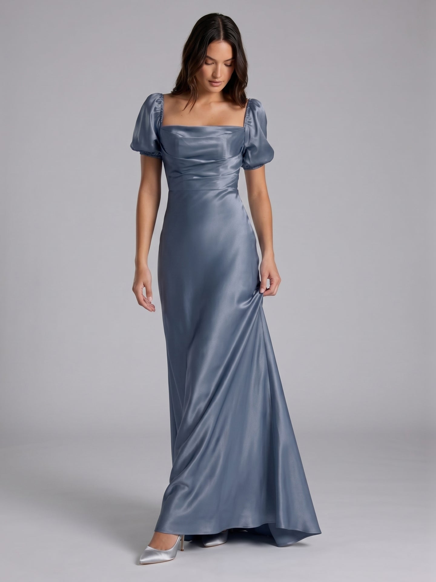 Stormy Satin A-Line Square Neck Back Zip Floor-Length Bridesmaid Dress