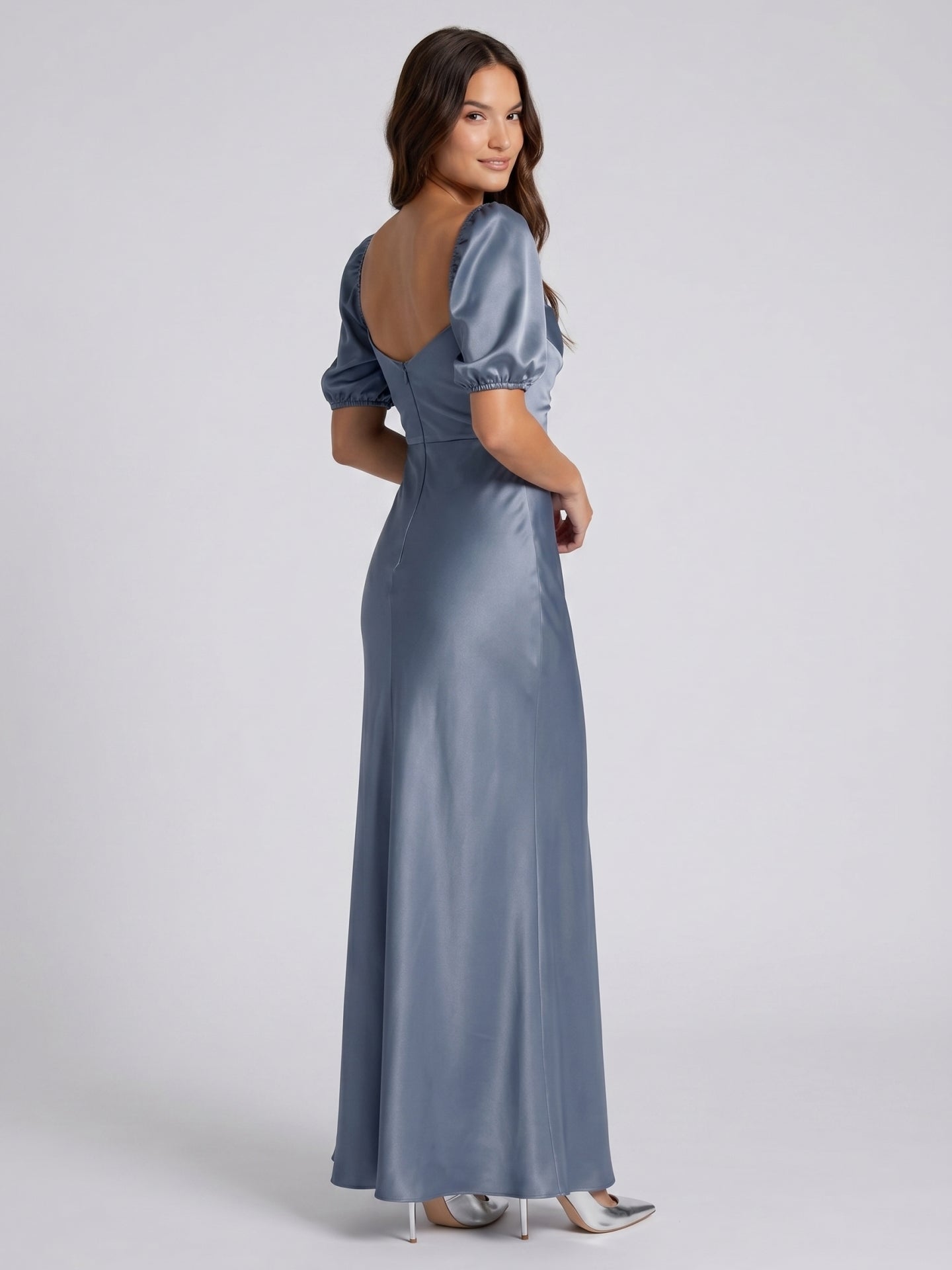 Stormy Satin A-Line Square Neck Back Zip Floor-Length Bridesmaid Dress