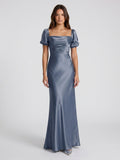 Stormy Satin A-Line Square Neck Back Zip Floor-Length Bridesmaid Dress