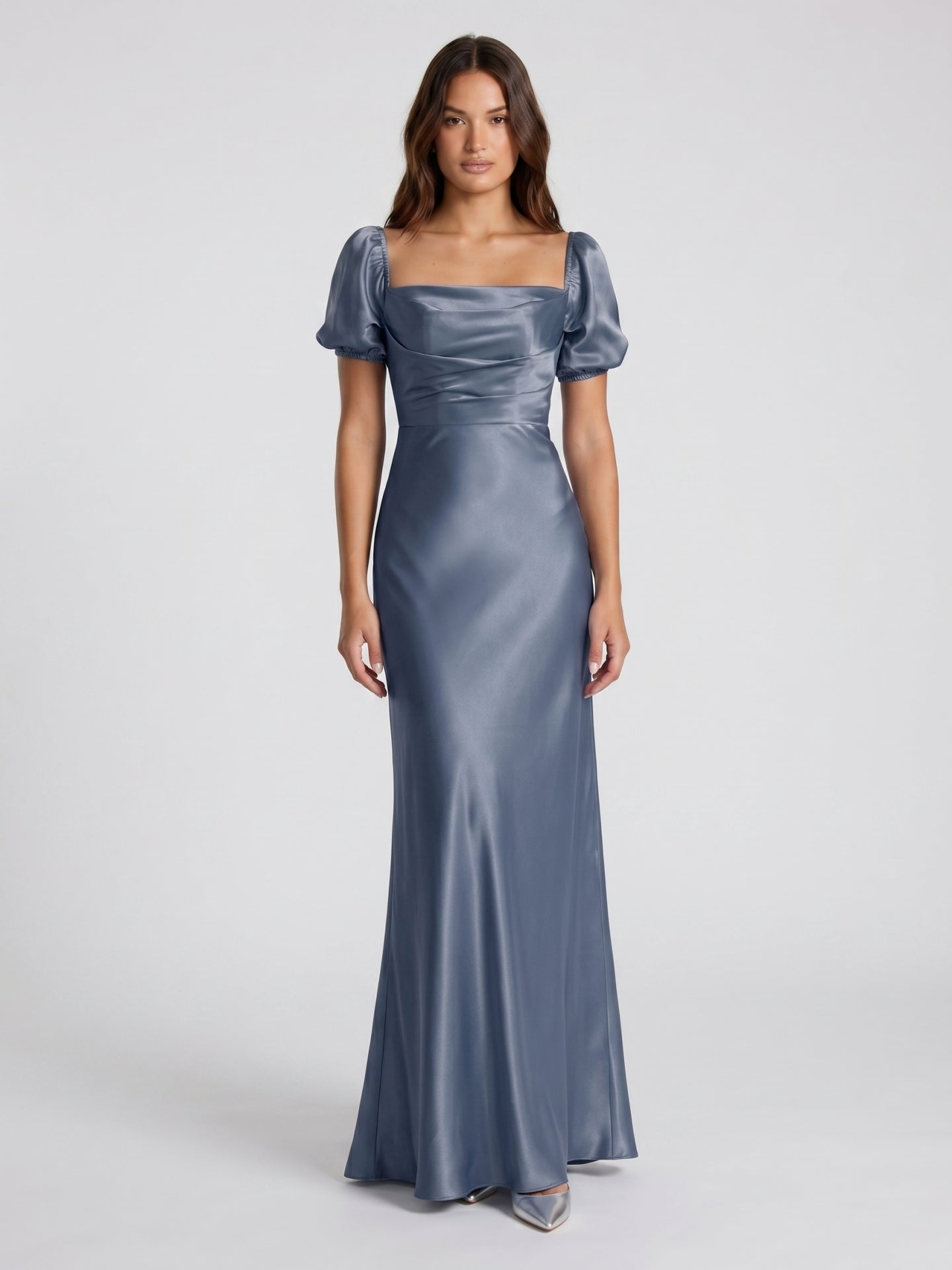 Stormy Satin A-Line Square Neck Back Zip Floor-Length Bridesmaid Dress