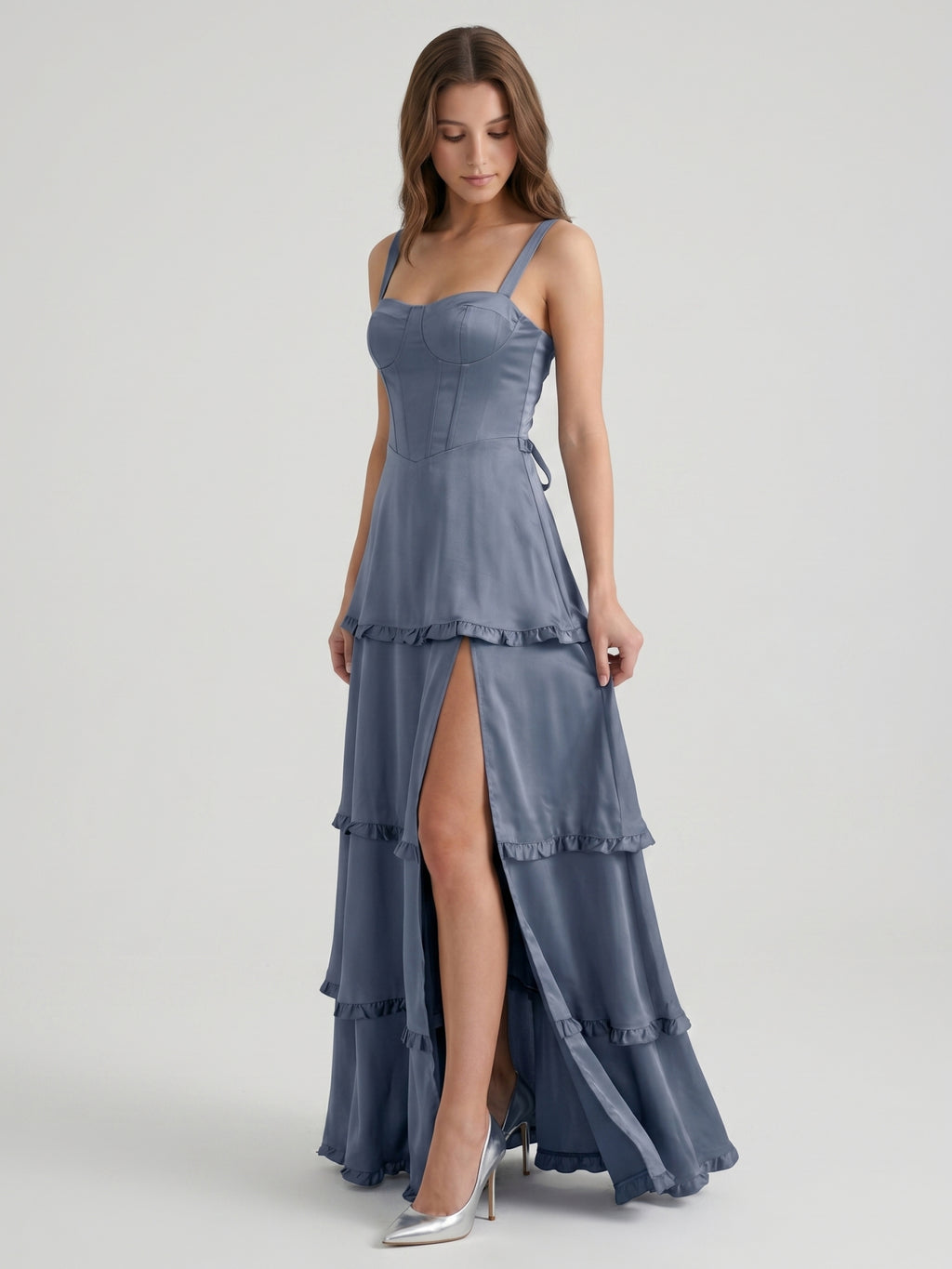 Stormy Satin A-Line Square Neck Lace-up Floor-Length Bridesmaid Dress with Ruffle