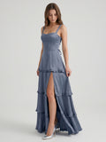 Stormy Satin A-Line Square Neck Lace-up Floor-Length Bridesmaid Dress with Ruffle