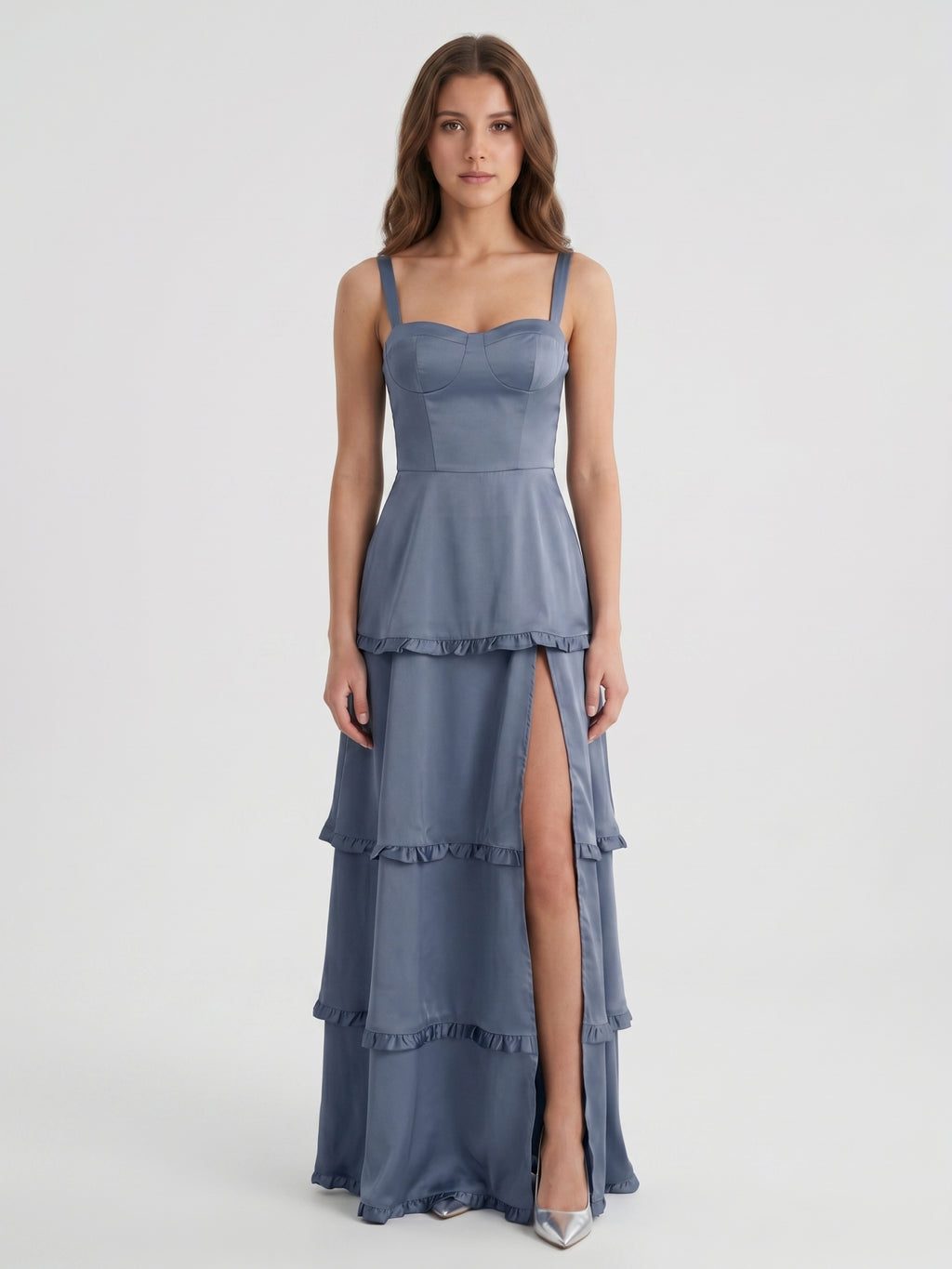 Stormy Satin A-Line Square Neck Lace-up Floor-Length Bridesmaid Dress with Ruffle