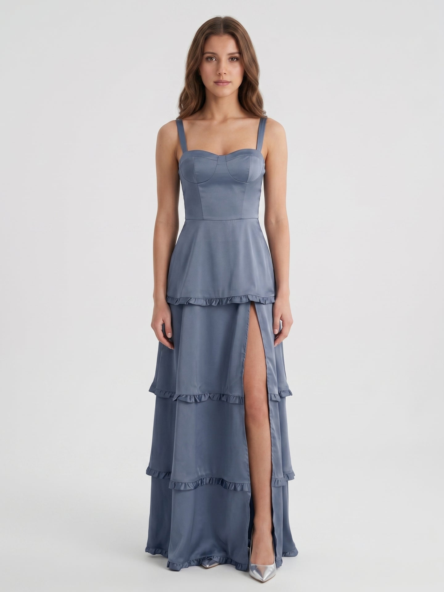 Stormy Satin A-Line Square Neck Lace-up Floor-Length Bridesmaid Dress with Ruffle
