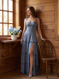 Stormy Satin A-Line Square Neck Lace-up Floor-Length Bridesmaid Dress with Ruffle
