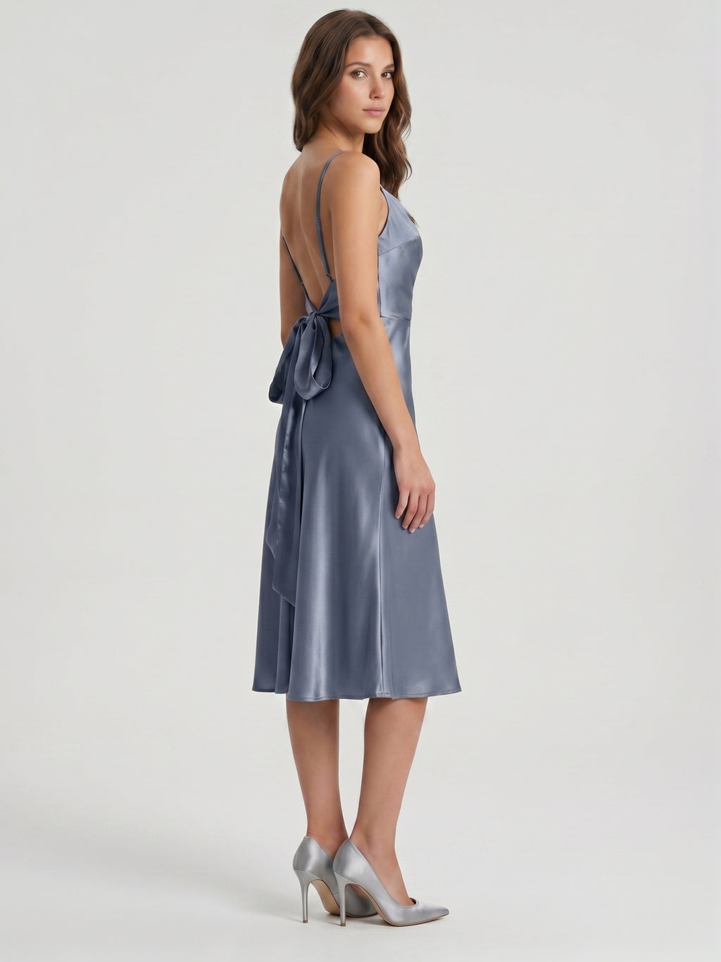 Stormy Satin Column Cowl Neck Backless Tea-Length Bridesmaid Dress