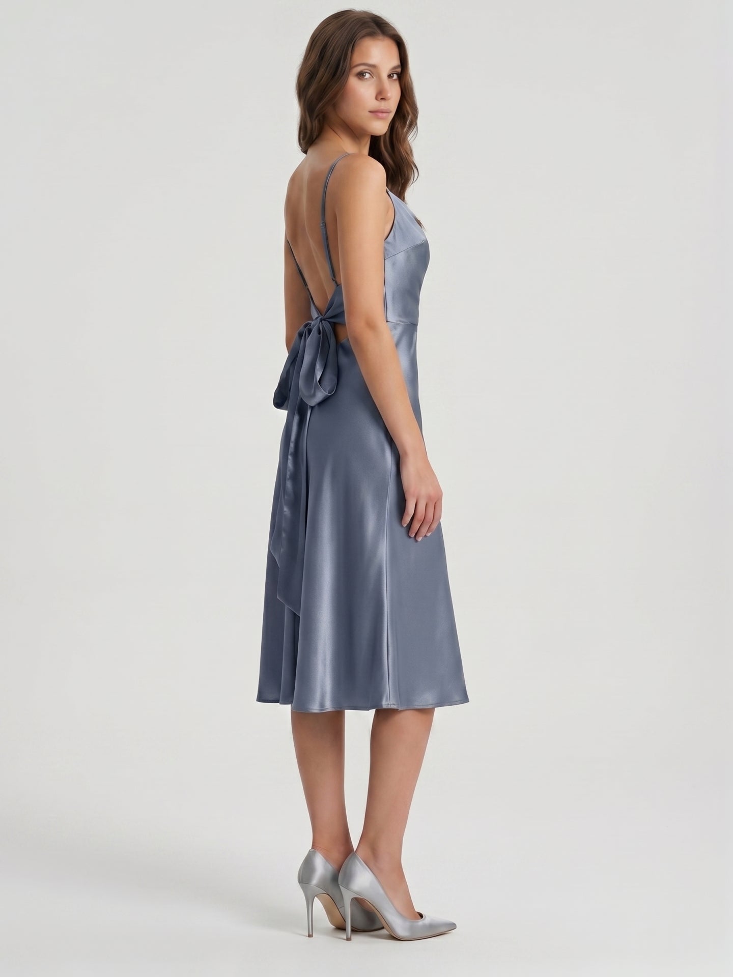 Stormy Satin Column Cowl Neck Backless Tea-Length Bridesmaid Dress